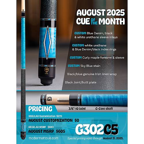 McDermott G302C5 August 2025 Cue of the Month - Sky Blue & Curly Maple